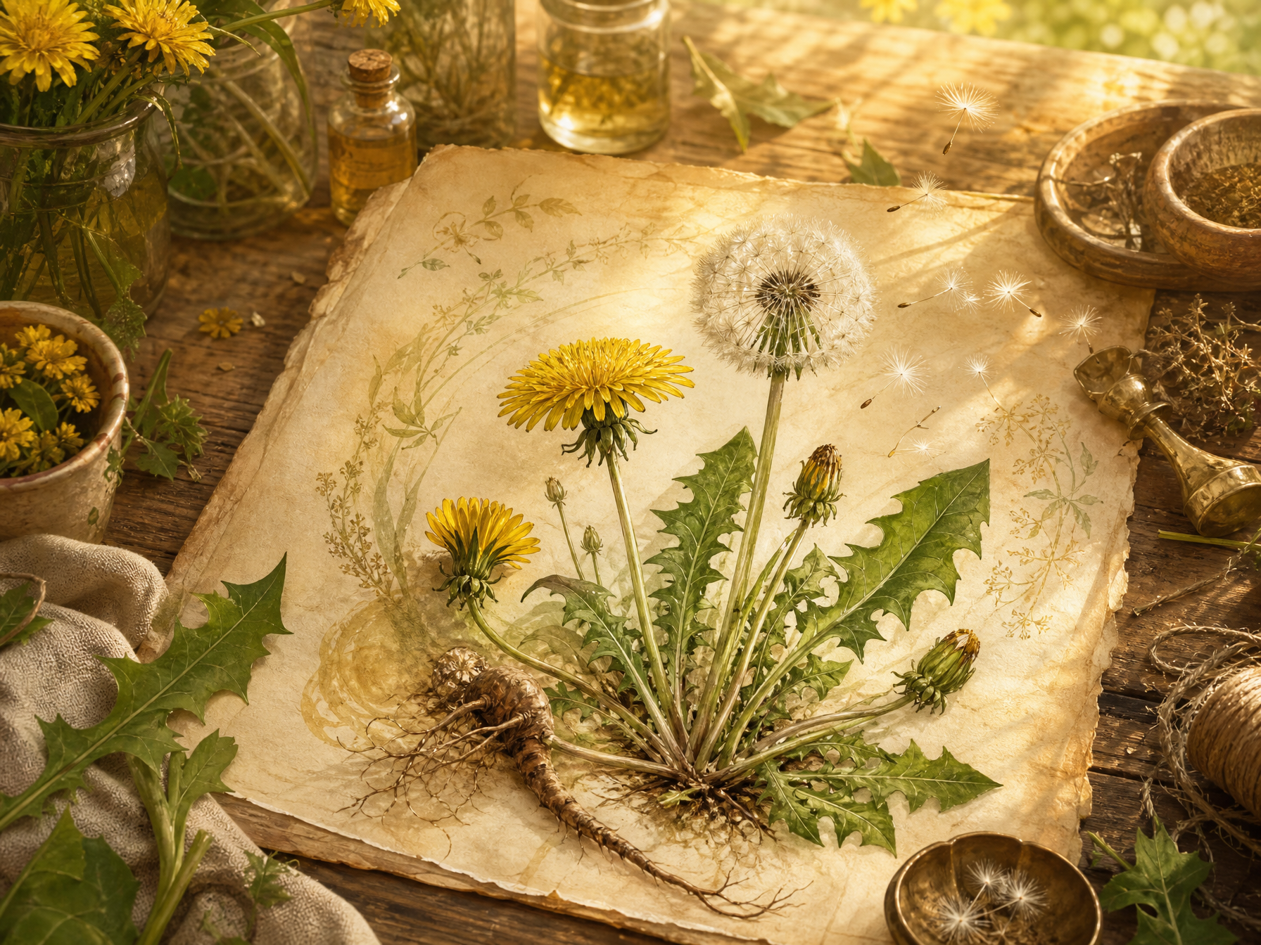 Dandelion flowers, leaves, seed clock and root arranged on parchment in a wild herb apothecary style