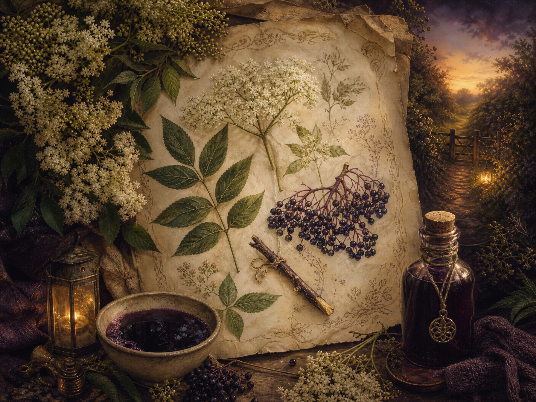 Elderflowers, elderberries, leaves and a twig arranged on parchment in a hedgerow apothecary style