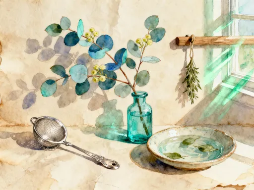 Eucalyptus leaves, clean-air herbs and cottage apothecary tools arranged on parchment