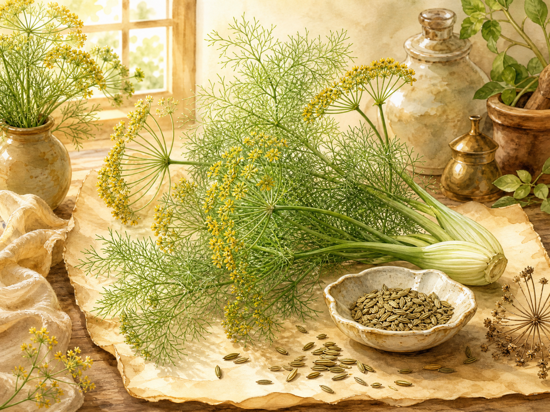 Fennel fronds, yellow flower umbels and seeds arranged on parchment in a kitchen garden apothecary style