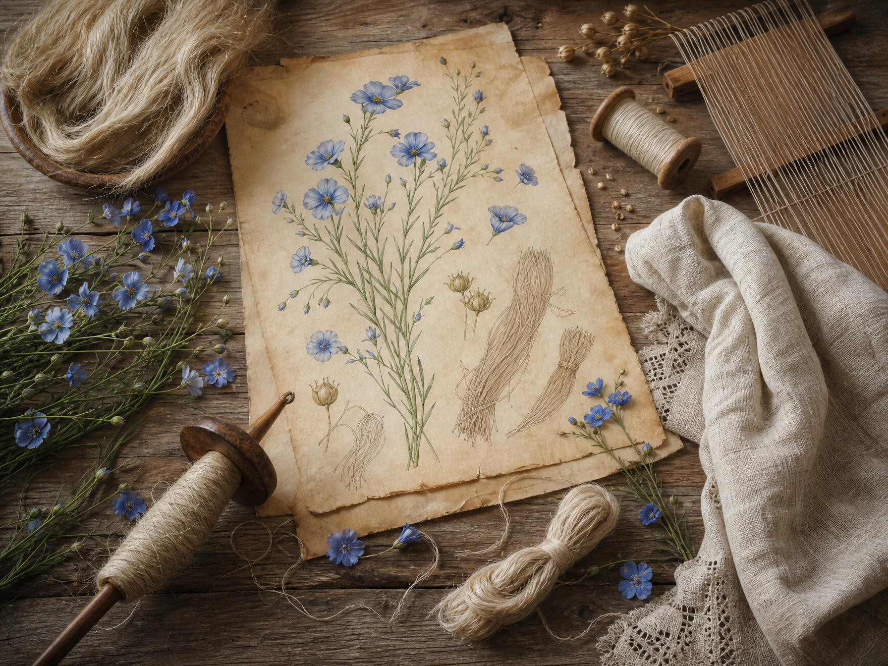 Blue flax flowers, linen thread, fibres, spindle and woven cloth arranged on parchment in a traditional craft apothecary style
