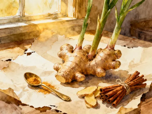 Fresh ginger root, warm spice, tea and cottage apothecary tools arranged on parchment