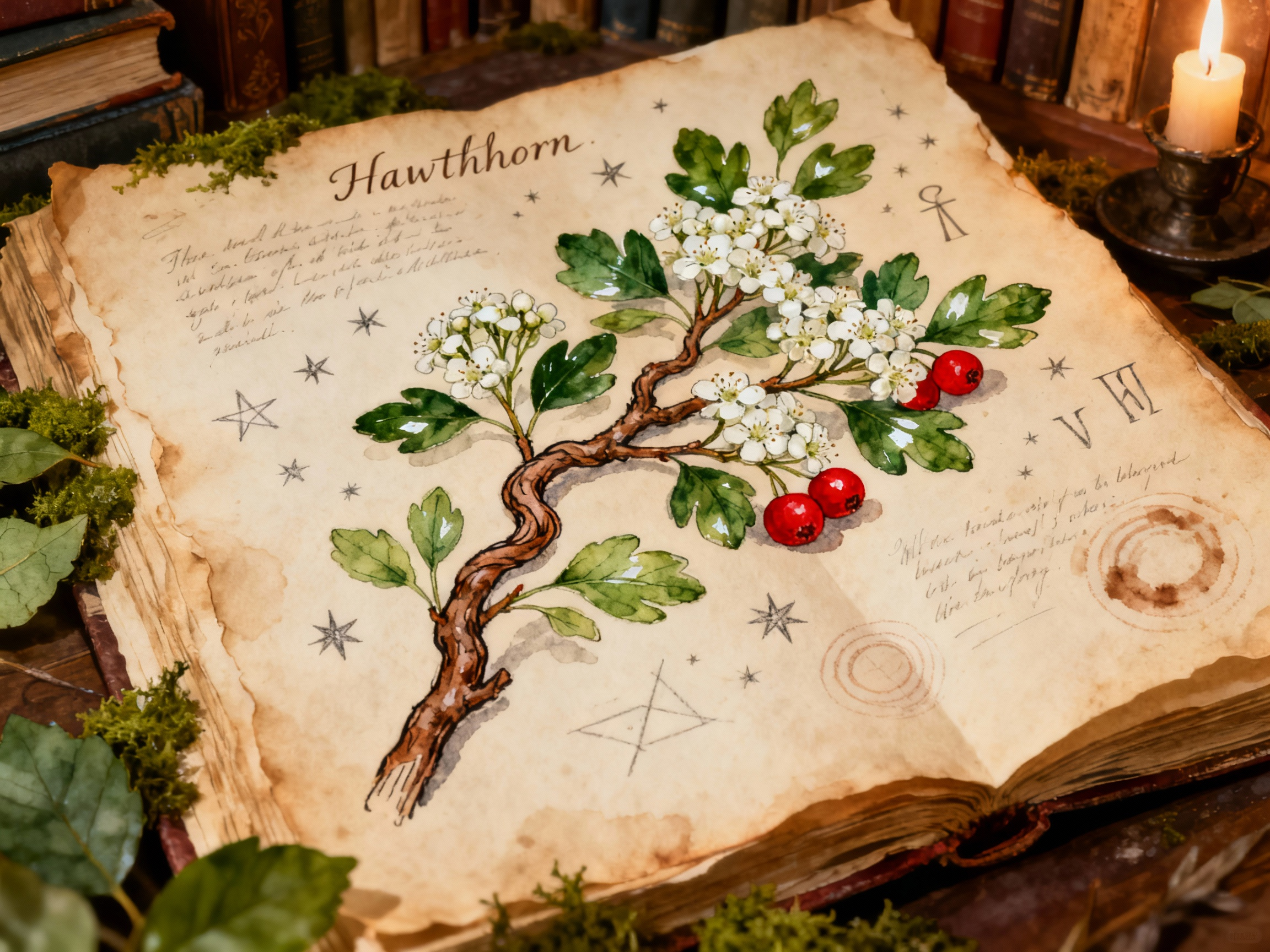 Hawthorn blossom, leaves, thorns and red haws arranged on parchment in a hedgerow apothecary style