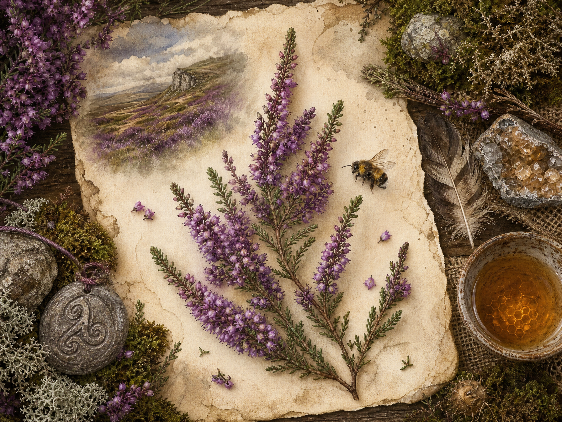 Purple heather sprigs, moorland charm objects, honey and parchment arranged in a cottage apothecary style