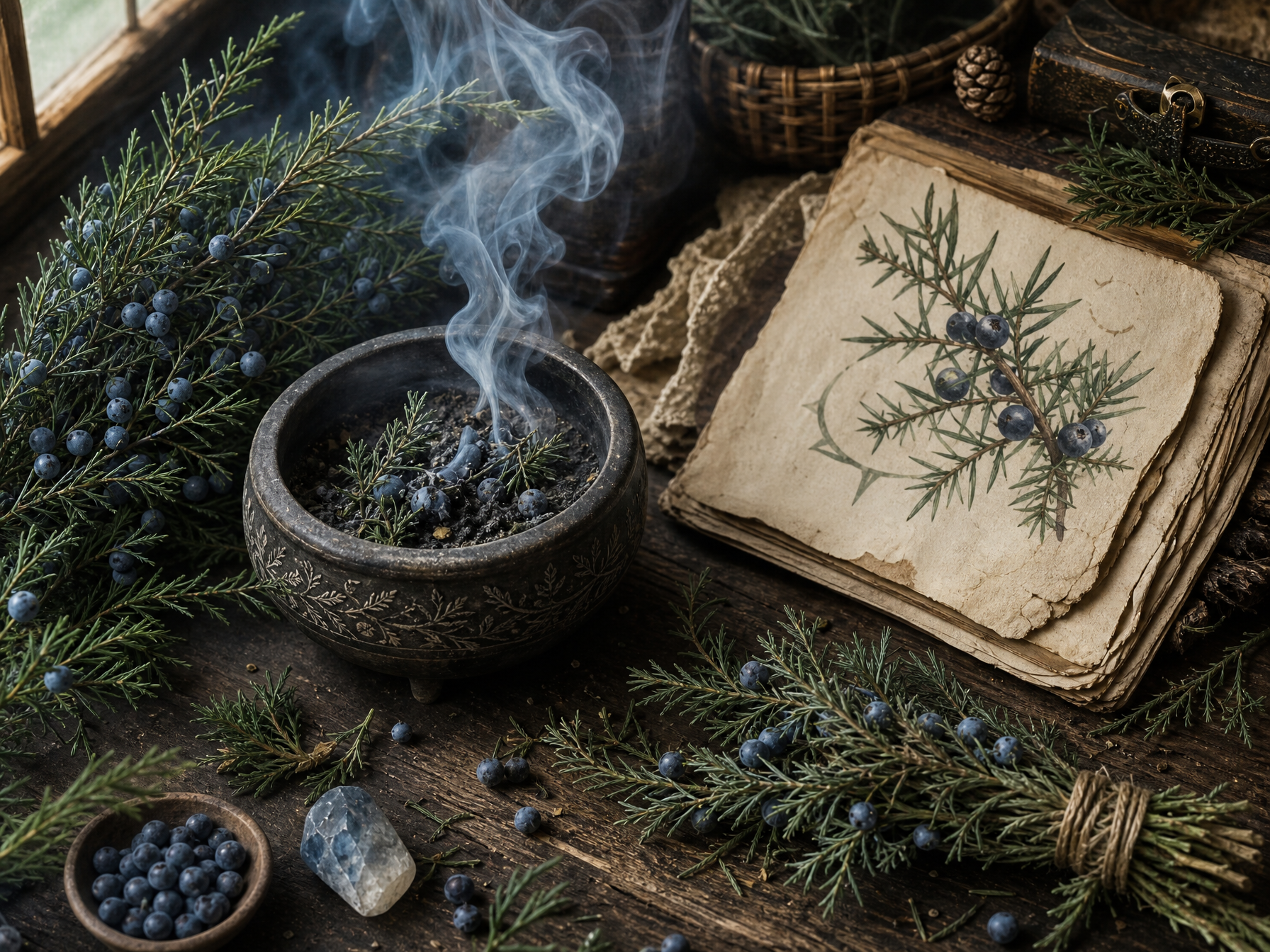 Juniper branches with blue-black berries, protective charm objects, thread and parchment arranged in a cottage apothecary style