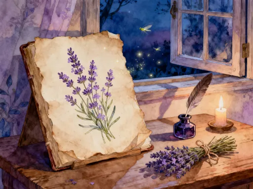 Lavender sprigs, calming charm objects, ribbon and parchment arranged in a cottage apothecary style