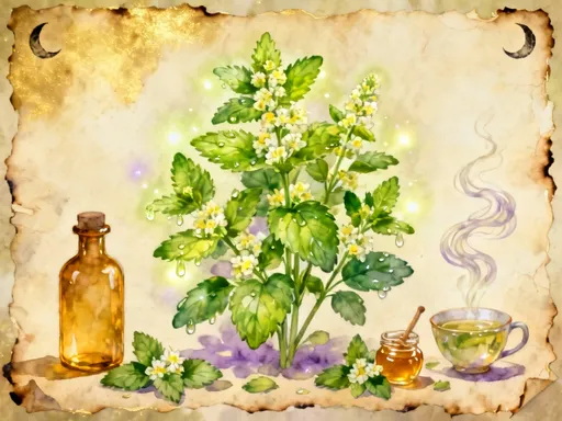 Lemon balm leaves, soft yellow charm objects, ribbon and parchment arranged in a cottage apothecary style