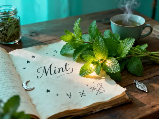 Fresh mint leaves, green charm objects, ribbon and parchment arranged in a cottage apothecary style