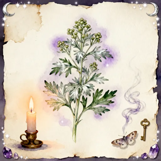 Mugwort leaves, moonlit charm objects, dark ribbon and parchment arranged in a cottage apothecary style