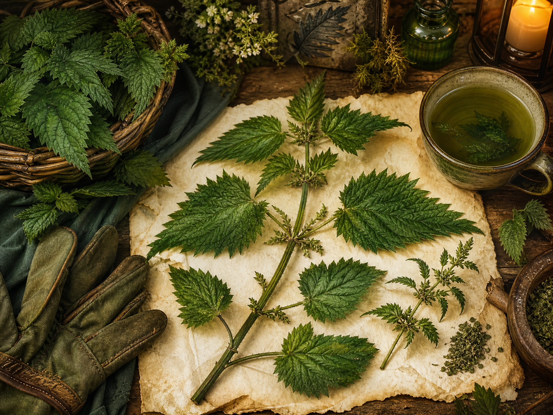 Stinging nettle leaves, protective charm objects, green thread and parchment arranged in a cottage apothecary style
