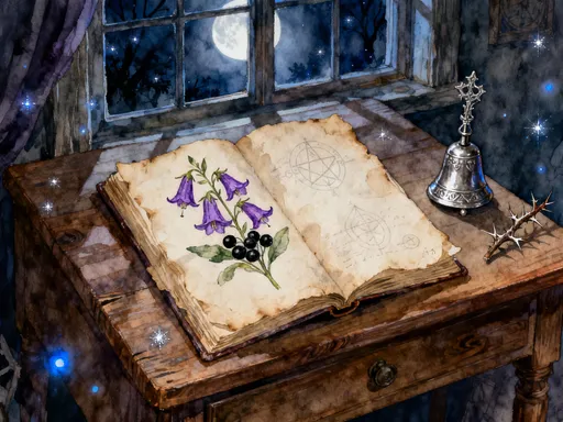 Nightshade berries and dark leaves, moonlit charm objects, black-purple ribbon and parchment arranged in a cottage apothecary style