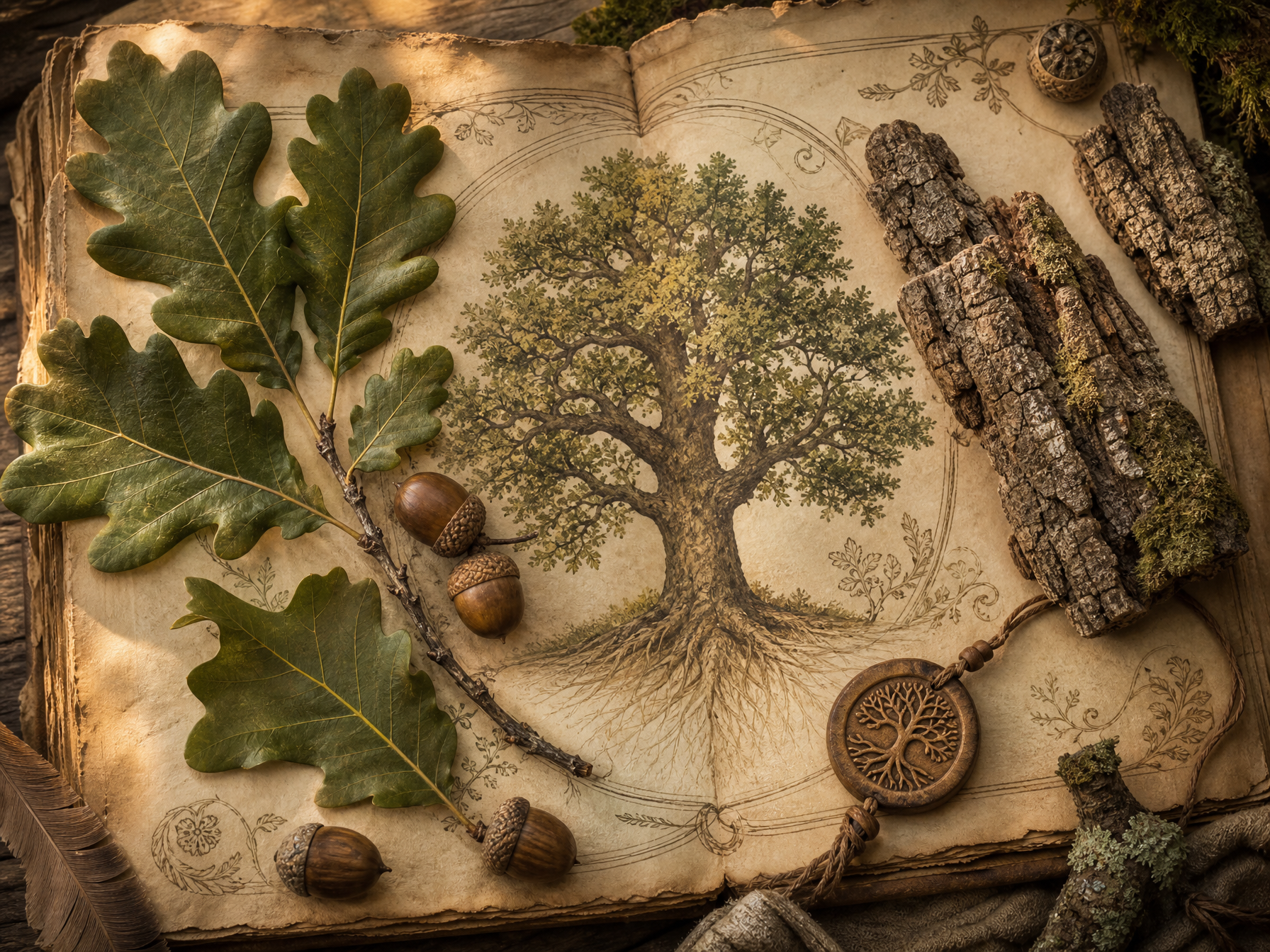 Oak leaves and acorns, bark, moss, thread and parchment arranged in a woodland apothecary style