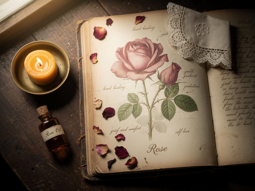 Roses, petals, thorns, ribbon and parchment arranged in a cottage apothecary style