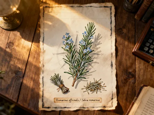 Rosemary sprigs, blue flowers, ribbon, charm objects and parchment arranged in a cottage apothecary style