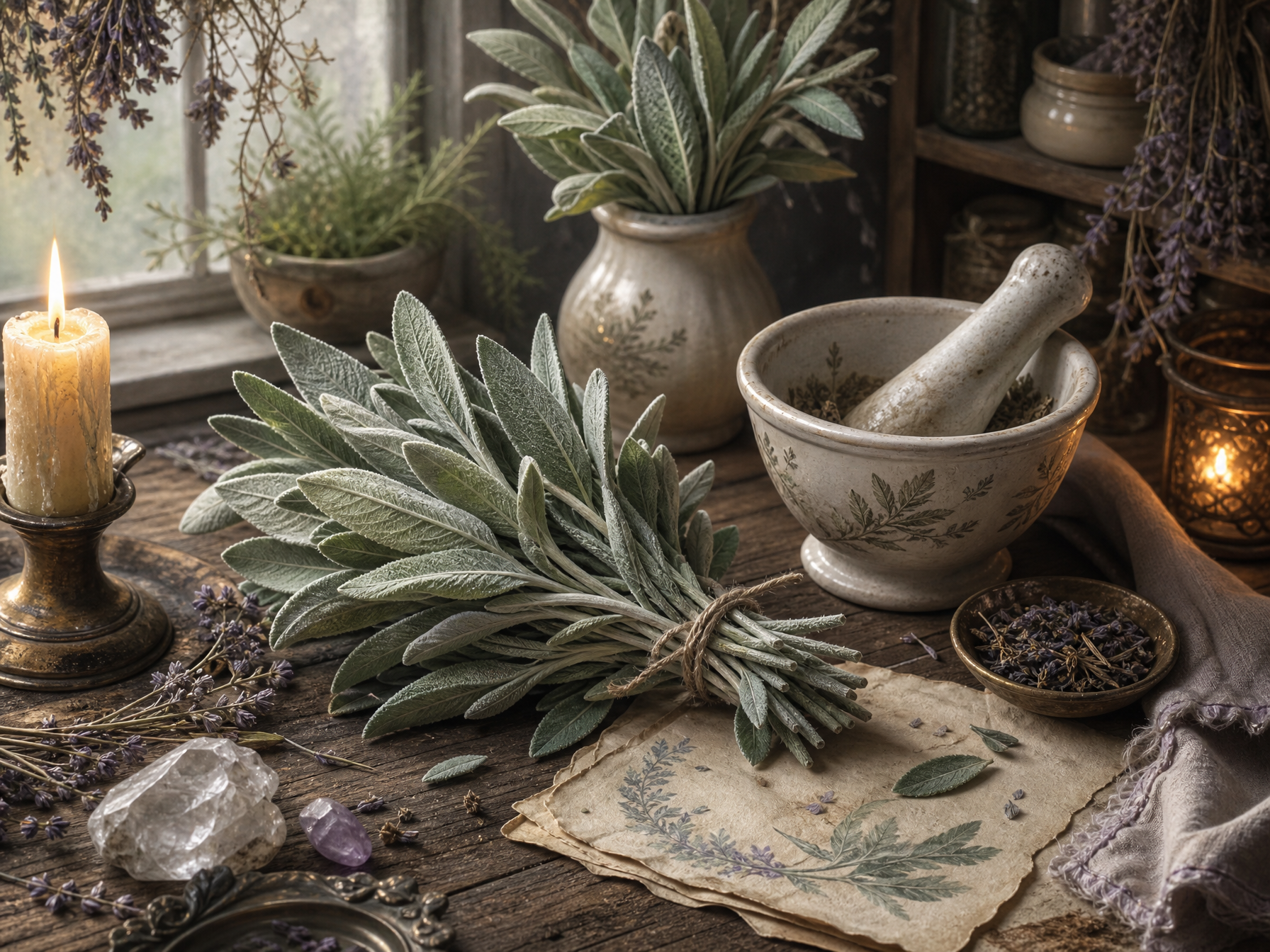 Sage leaves, soft green ribbon, cleansing charm objects and parchment arranged in a cottage apothecary style