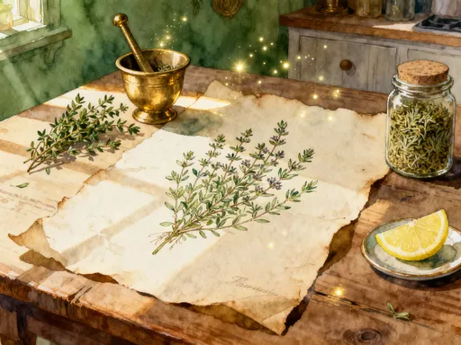 Thyme sprigs, small purple flowers, green ribbon, charm objects and parchment arranged in a cottage apothecary style