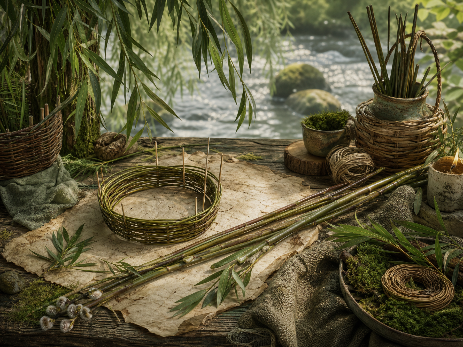 Willow branches beside water, soft green leaves, woven twigs, ribbon and parchment arranged in a woodland apothecary style