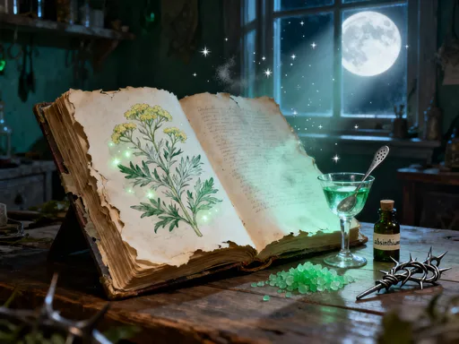 Wormwood silvery leaves, moonlit charm objects, dark ribbon and parchment arranged in a cottage apothecary style