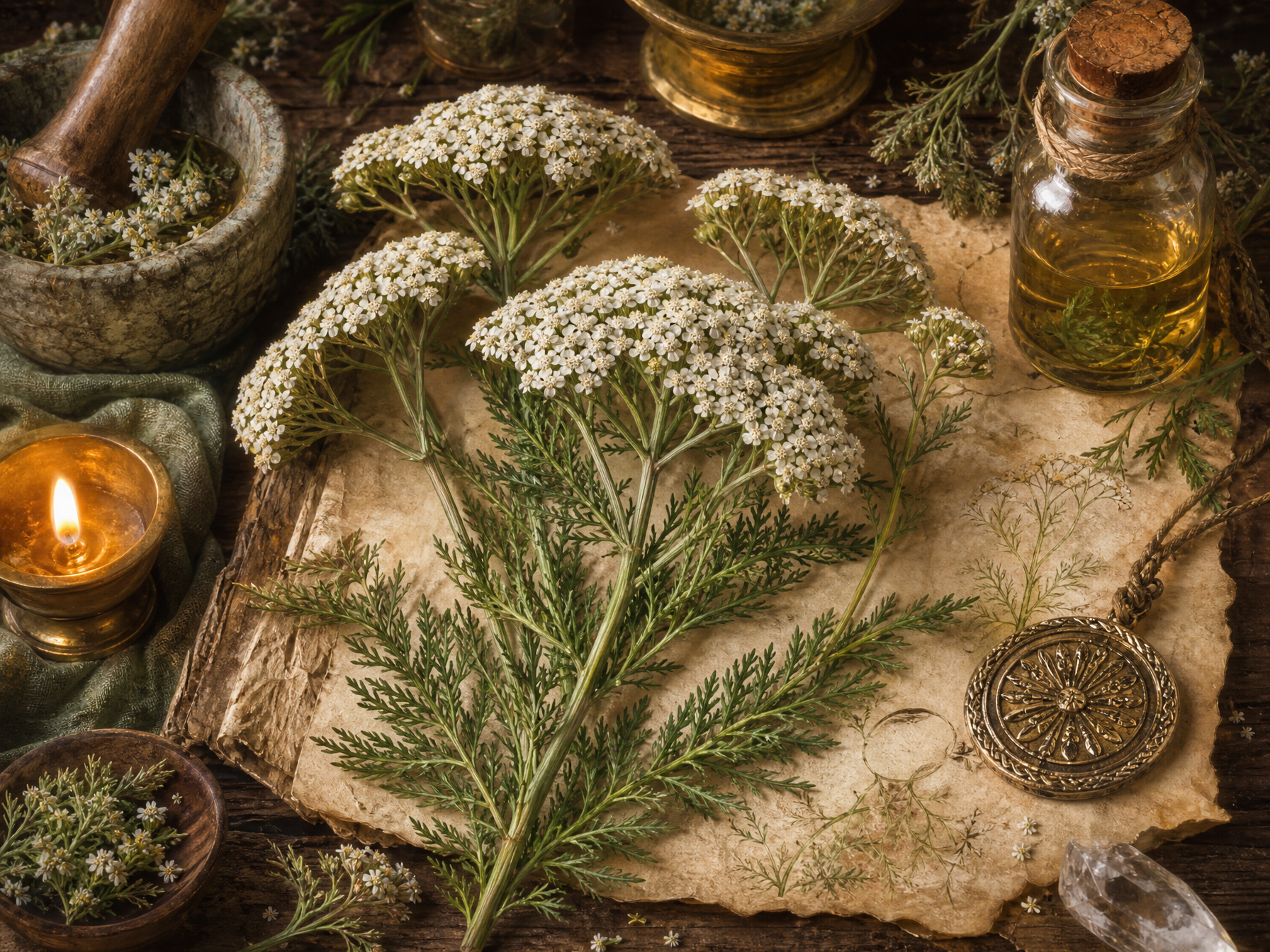 White yarrow flowers, feathery leaves, protective charm objects, ribbon and parchment arranged in a cottage apothecary style