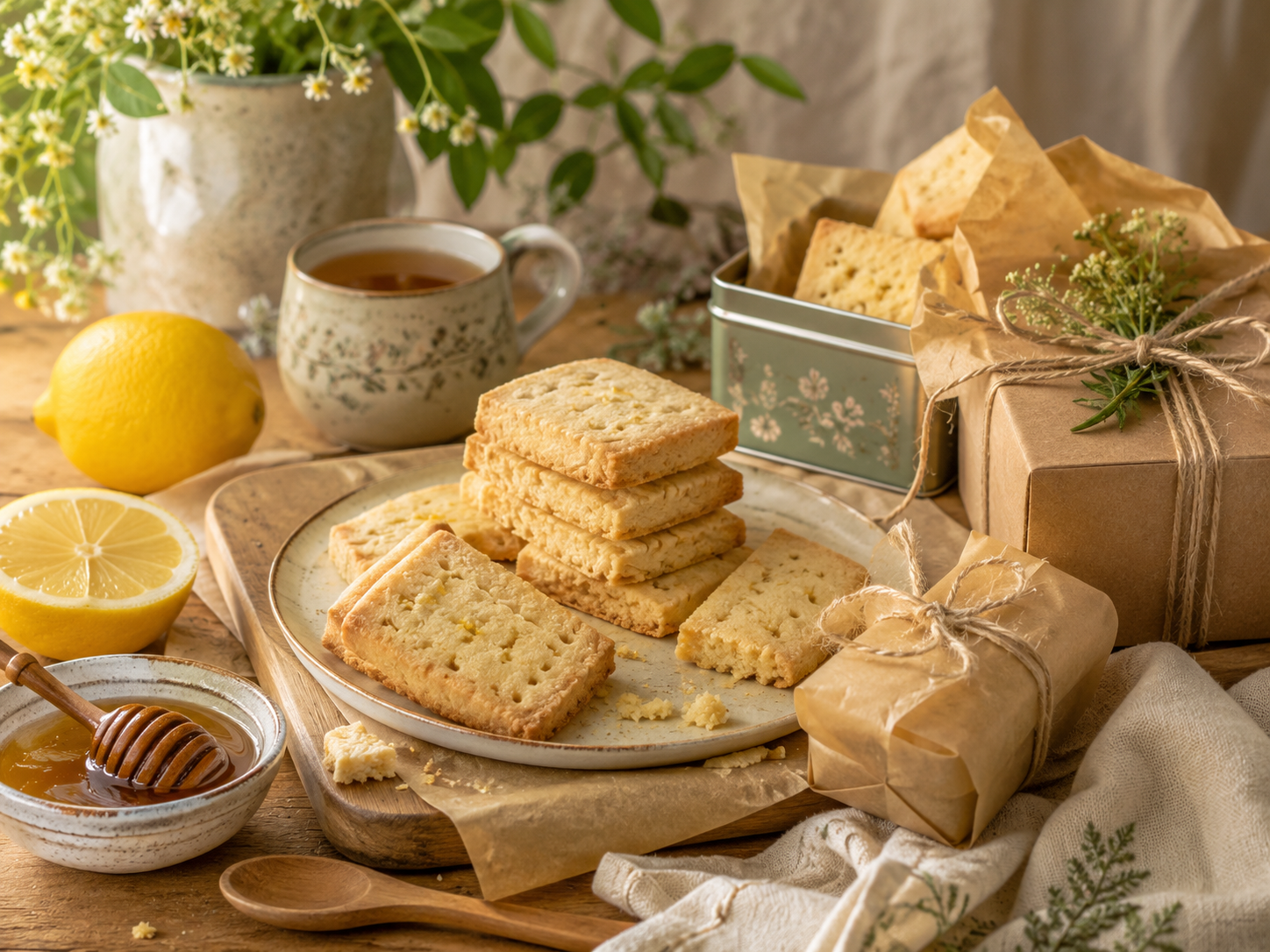 Honey and lemon shortbread presented with parchment wrapping, tea, honey and lemons.