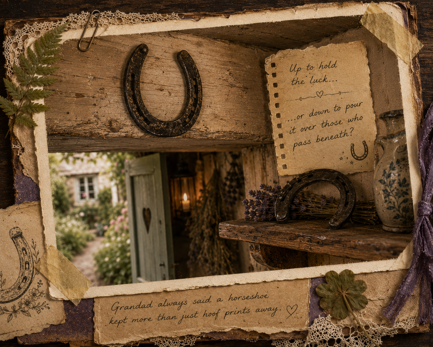 An old horseshoe displayed within a cottage scrapbook scene.