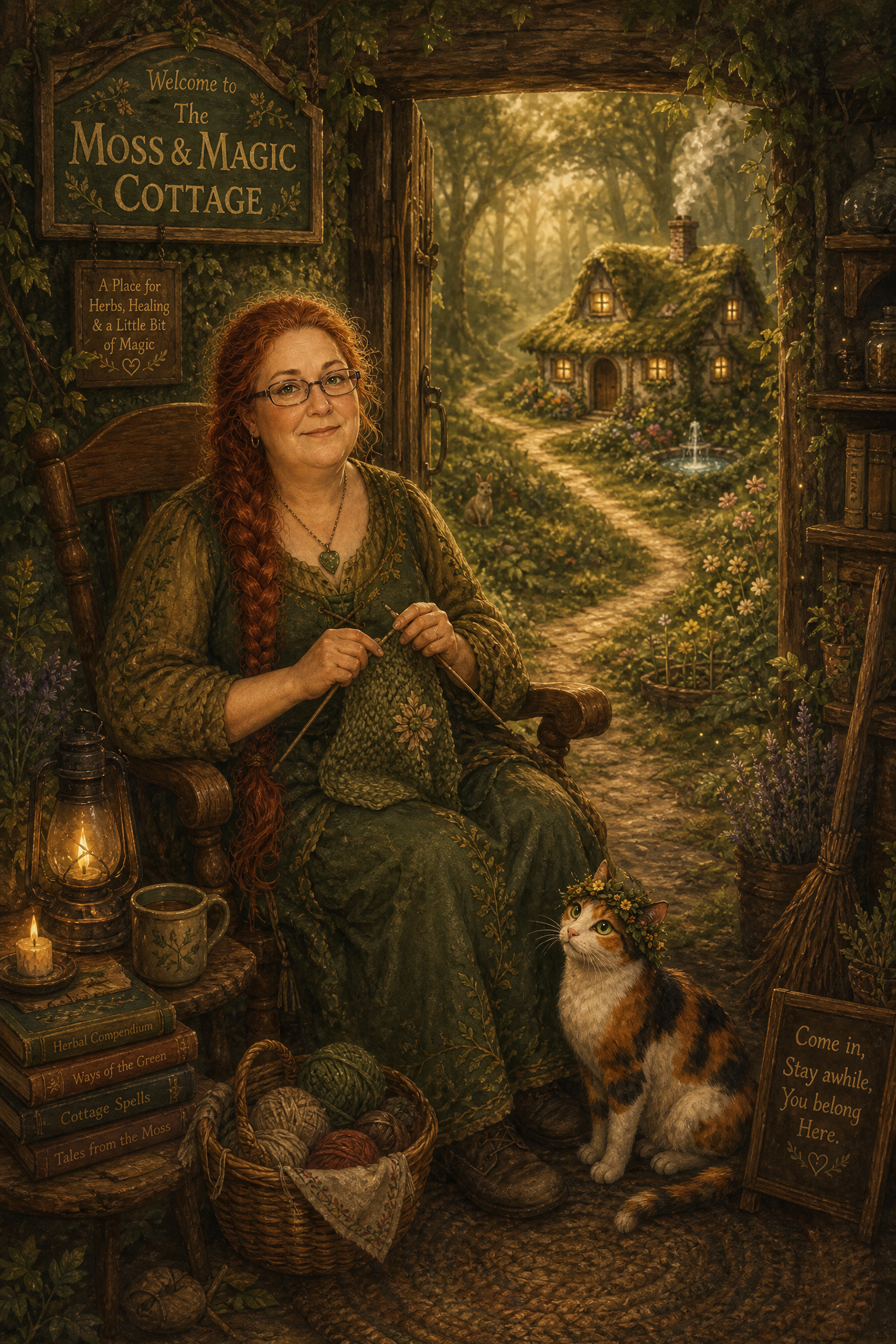 Zahirwen Morningstar sitting at the doorway of The Moss and Magic Cottage, knitting with Tweek nearby