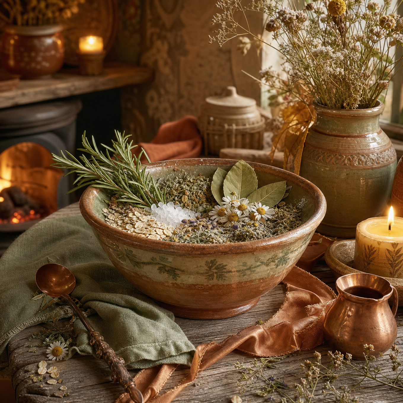 A peaceful kitchen blessing bowl filled with herbs, oats and salt in a cosy cottage kitchen