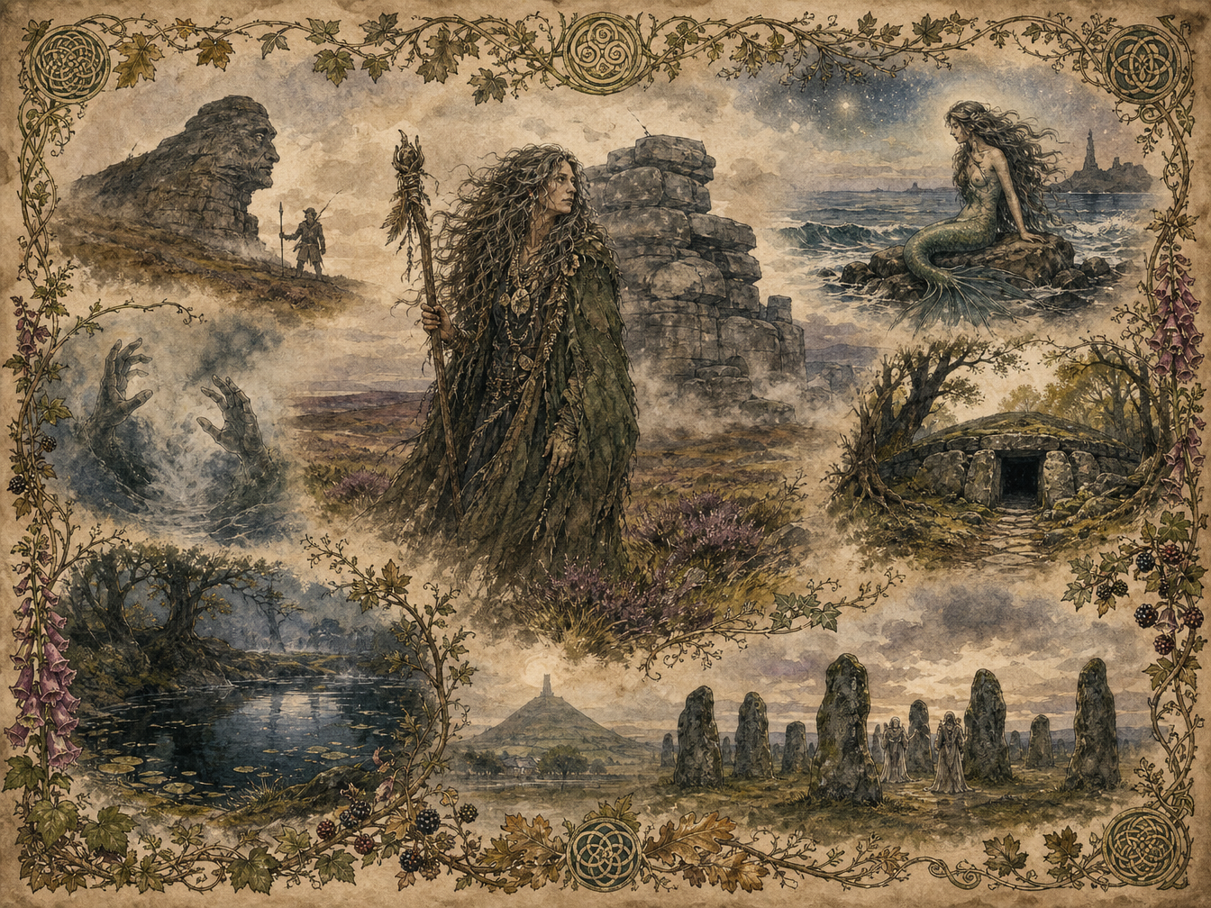An old illustrated folklore page showing Vixiana on Dartmoor, a mermaid, standing stones and other legendary landscapes