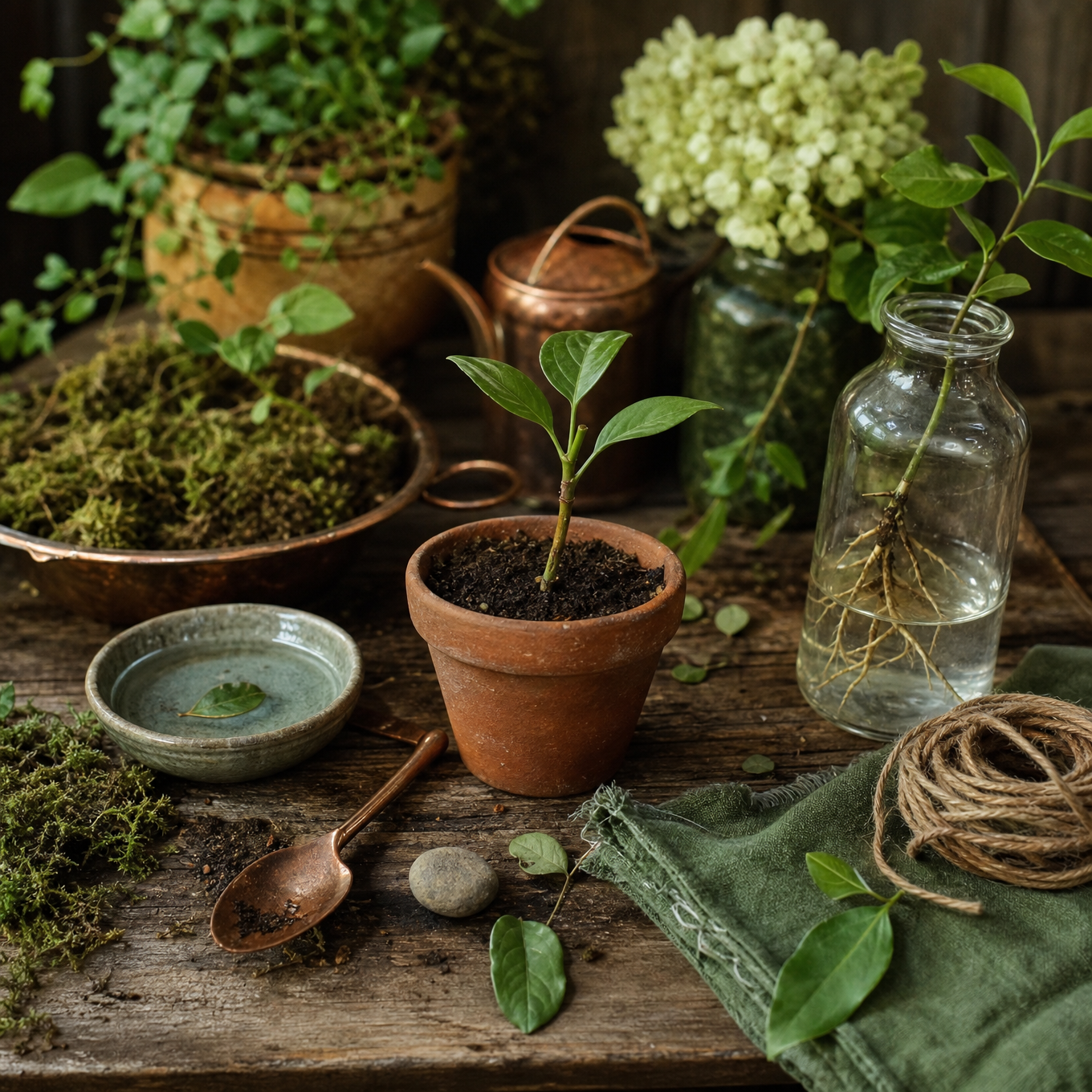 A tiny terracotta pot with a new cutting settling into dark soil, beside a rooted cutting in a glass jar, a bowl of water, twine, a smooth pebble, and a copper spoon on a rustic table