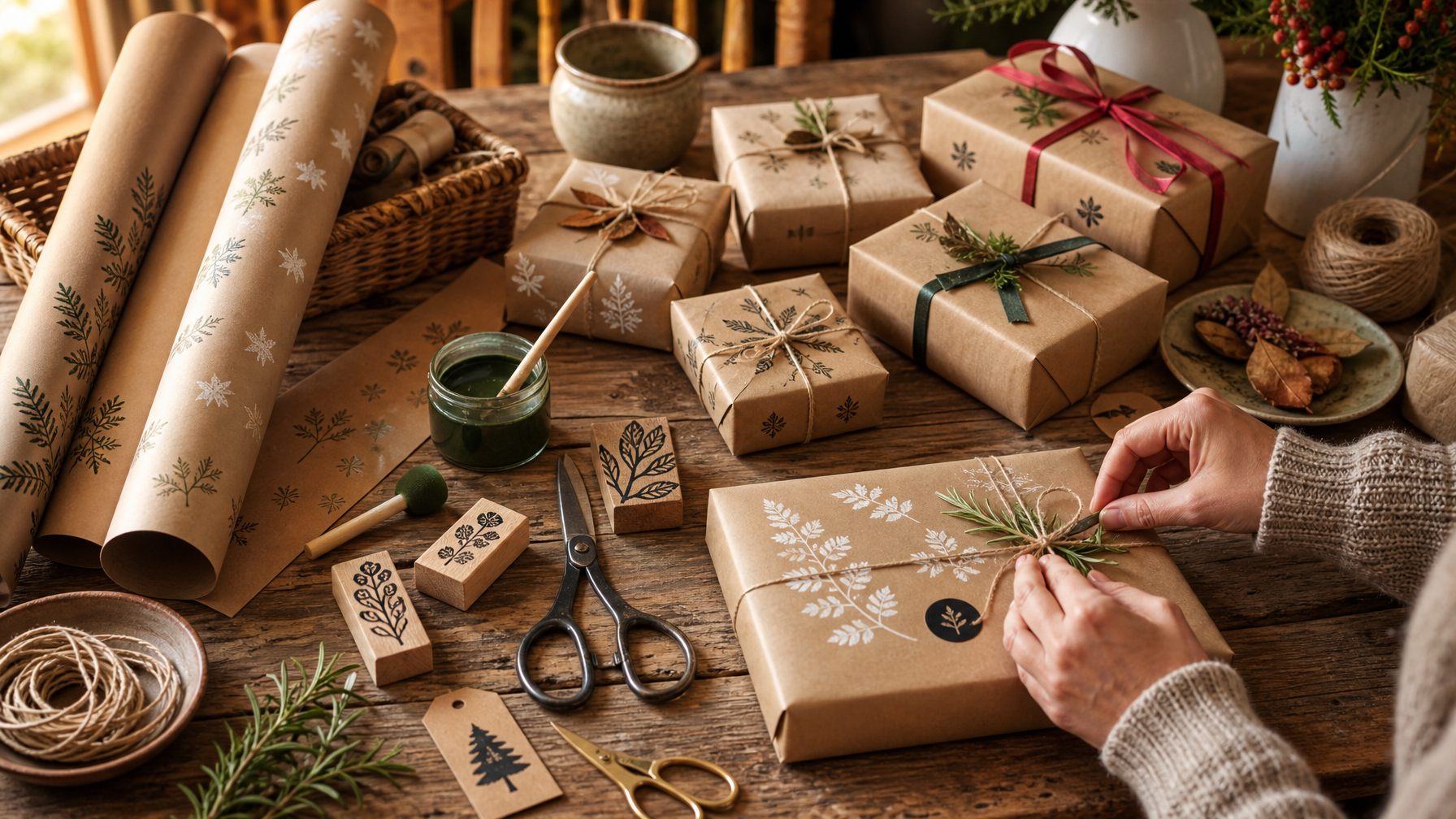 Brown paper parcels decorated with botanical stamps, paint, ribbon, twine and natural greenery.