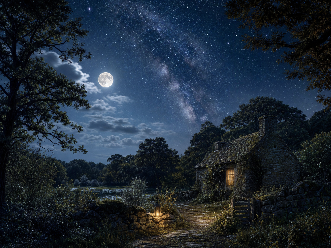 A moonlit cottage beneath a vast star-filled night sky