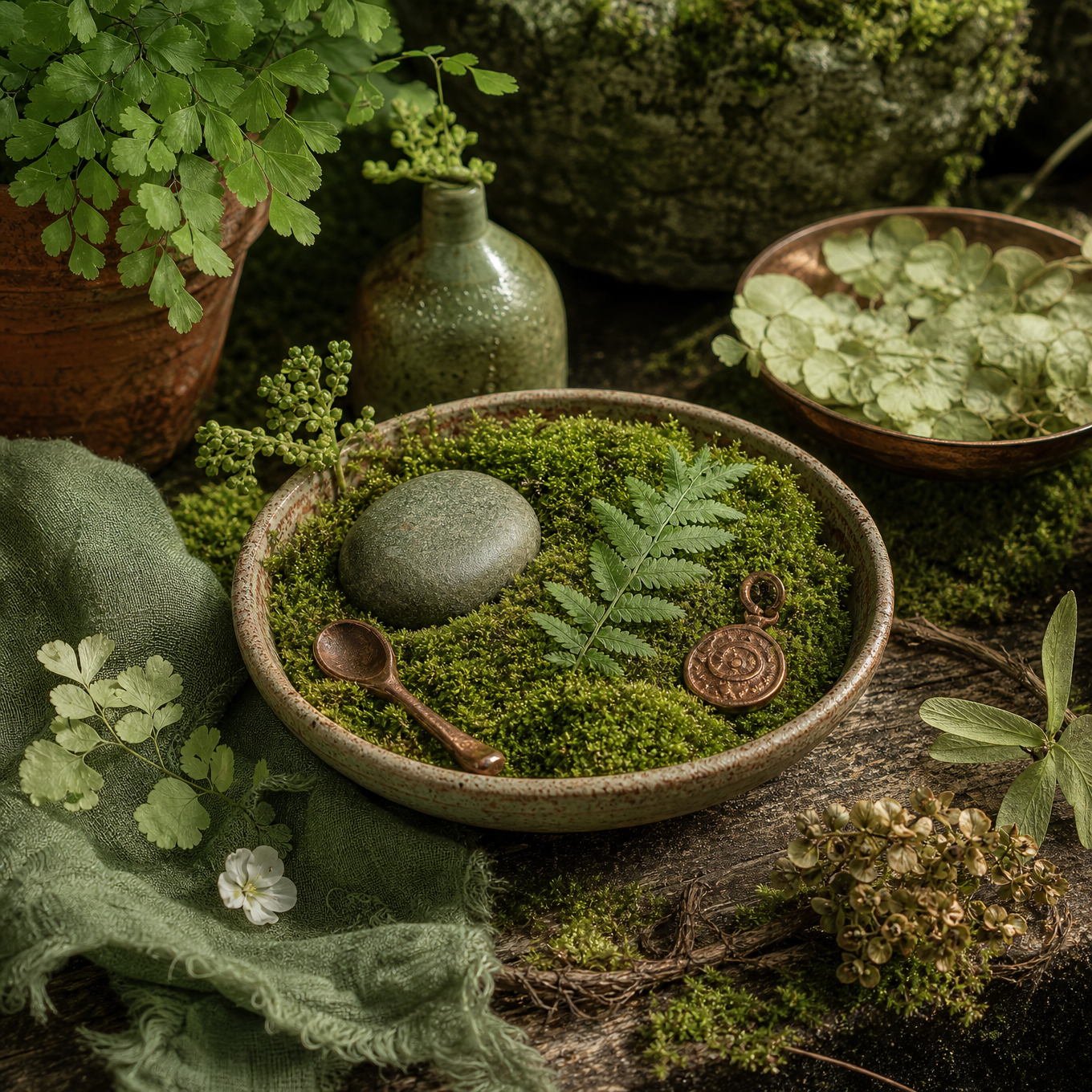 A garden still life of a moss-filled bowl with a smooth stone, maidenhair fern, copper spoon, and quiet green details