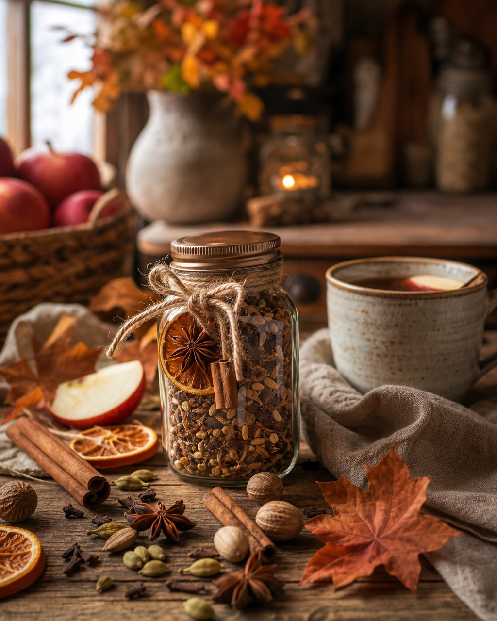Jar of mulling spice mix with dried orange slices, spices and a mug on an autumn kitchen table