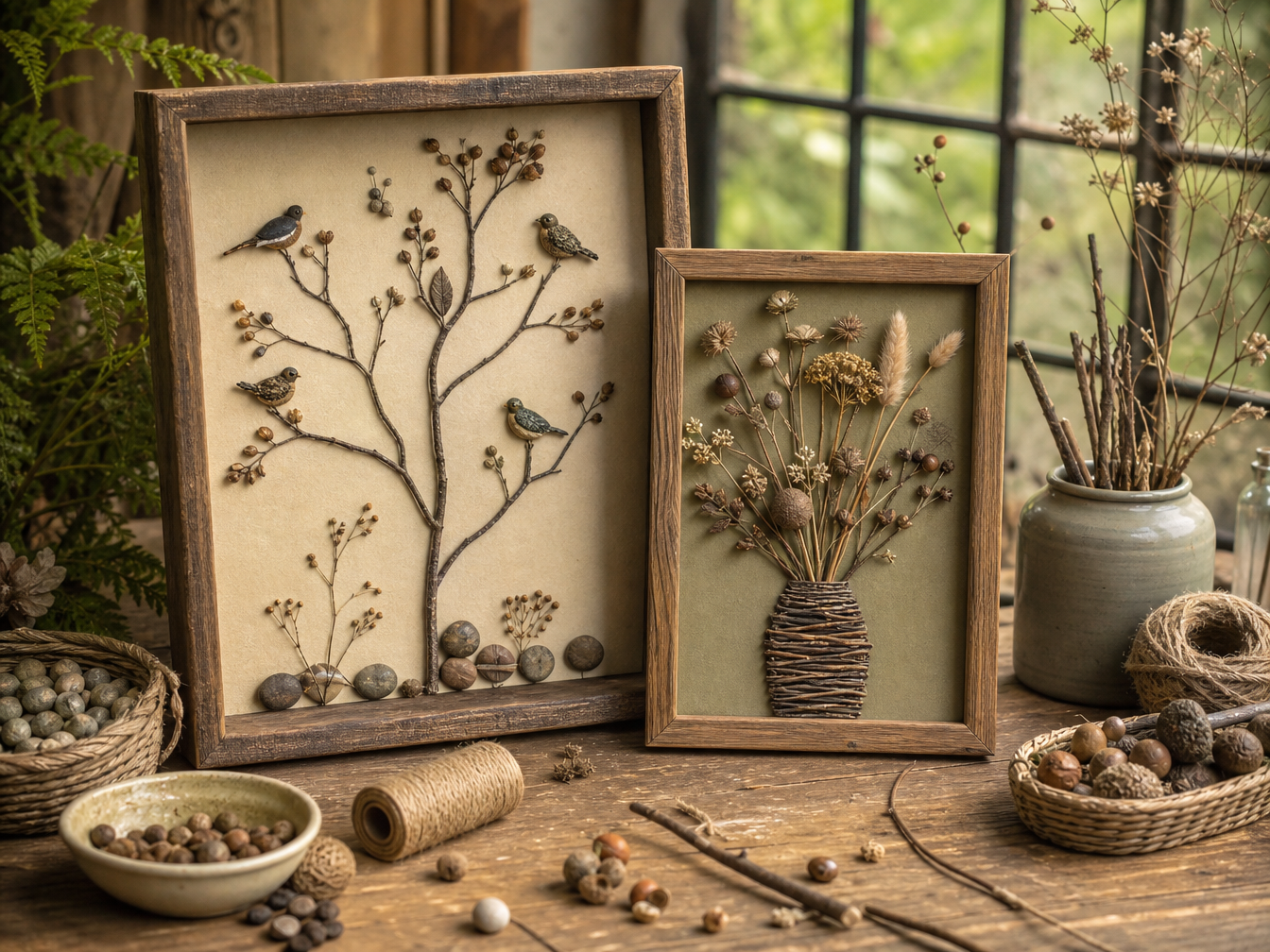 Two handmade nature pictures in wooden frames, created with gathered twigs, pebbles, seed heads and dried woodland materials.