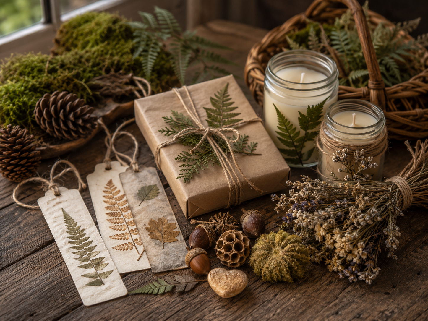 A collection of woodland-inspired gifts arranged with moss, ferns, pinecones, herbs, candles and wrapped parcels on a rustic table.