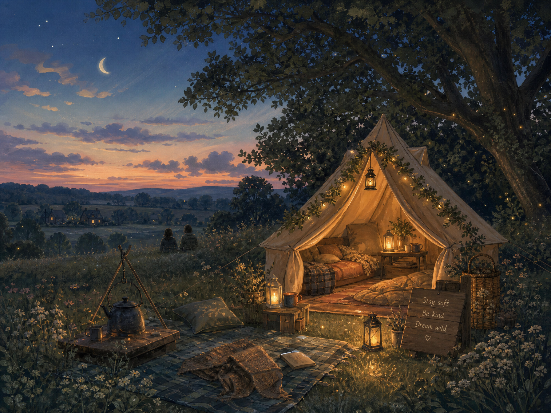 A cosy tent beneath trees at dusk with warm lantern light