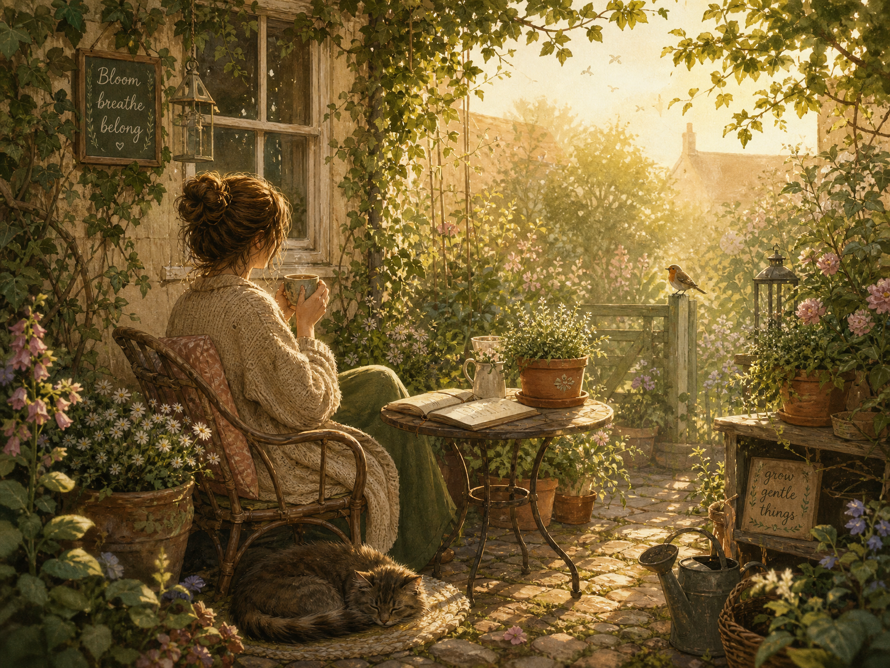 A quiet morning garden with a person drinking tea among plants and golden sunlight