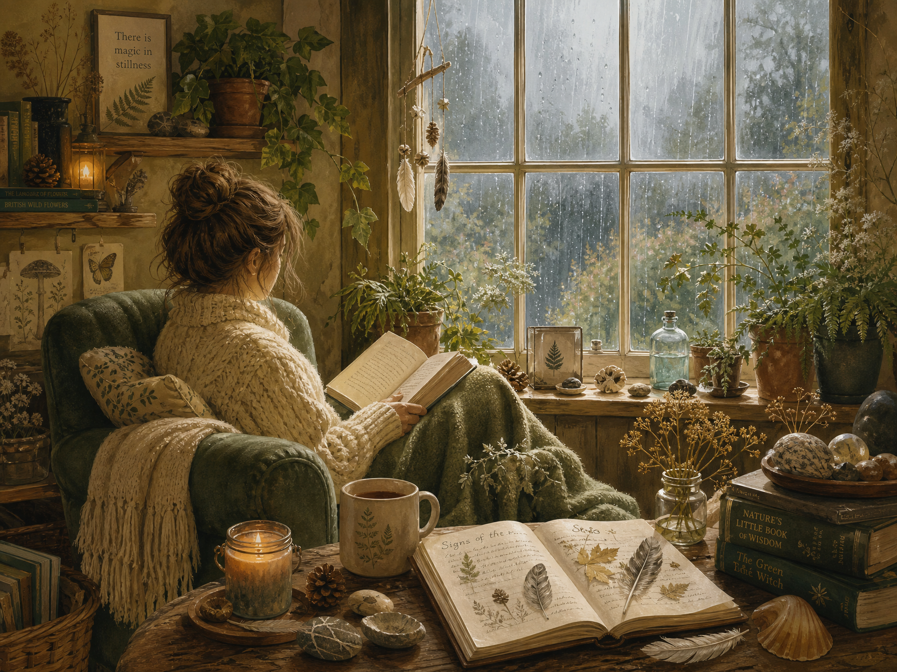 A cosy armchair by a rainy window, surrounded by plants, books and nature treasures