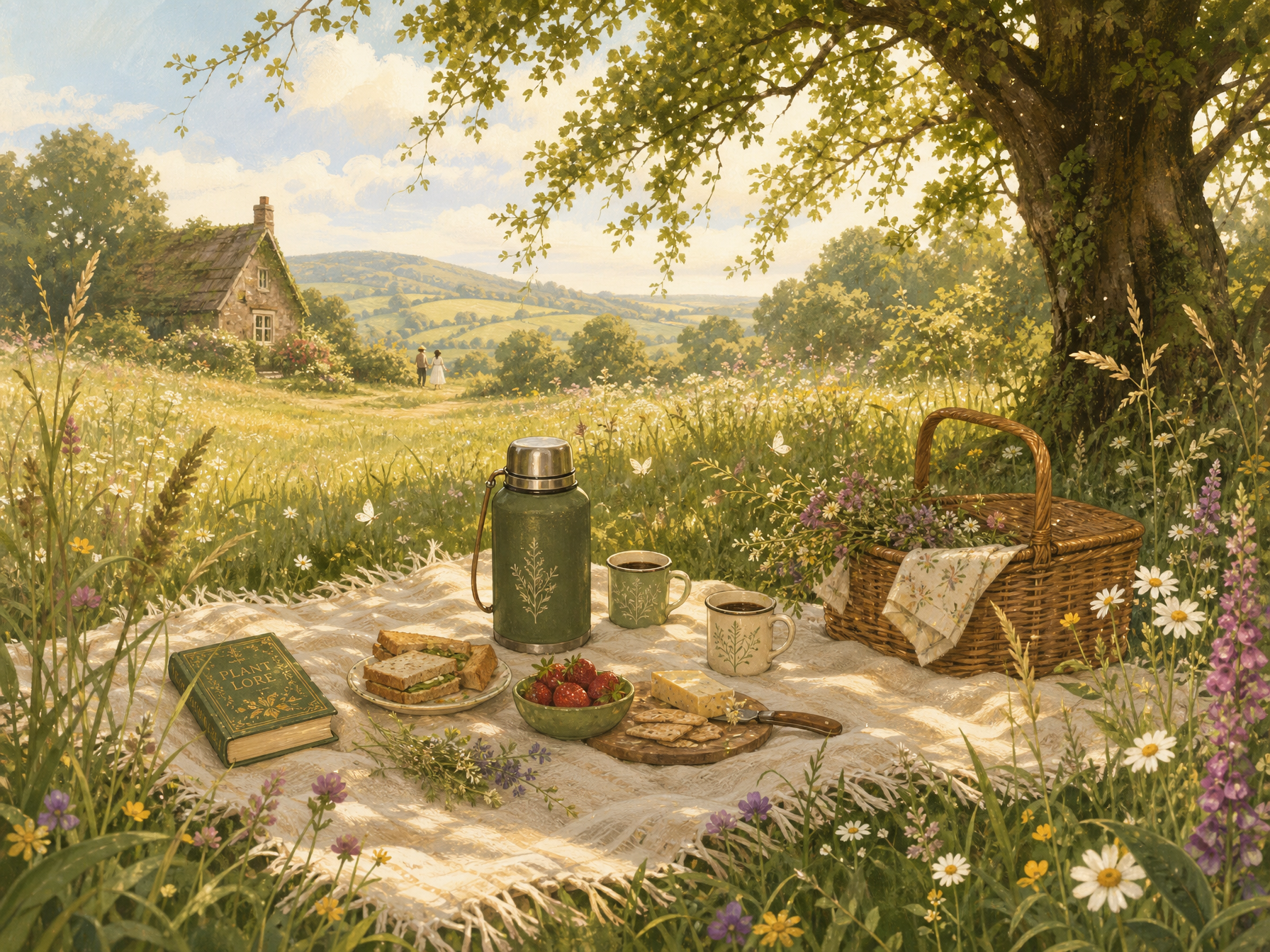A simple picnic blanket in grass with flowers nearby