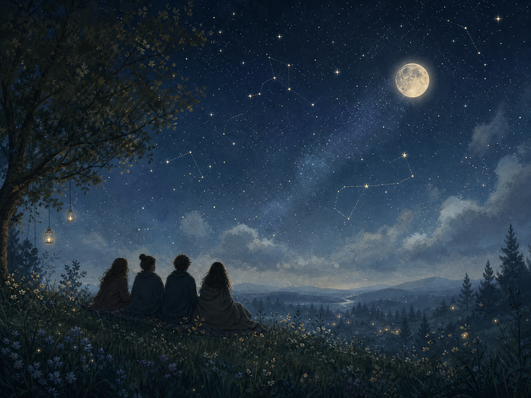 A quiet night sky filled with stars above dark trees