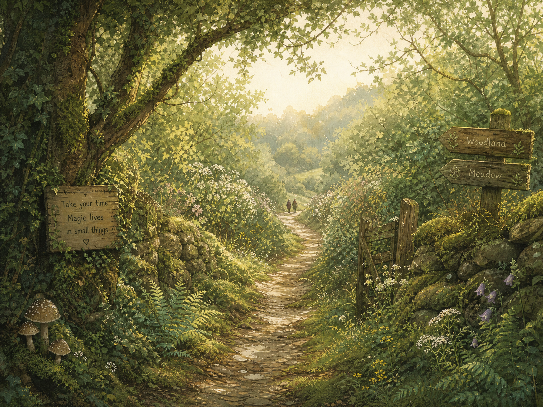 A woodland path with soft green light and mossy edges