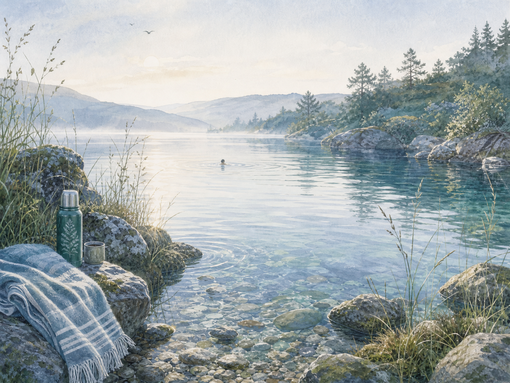 Cold water with stones, reeds and soft morning light