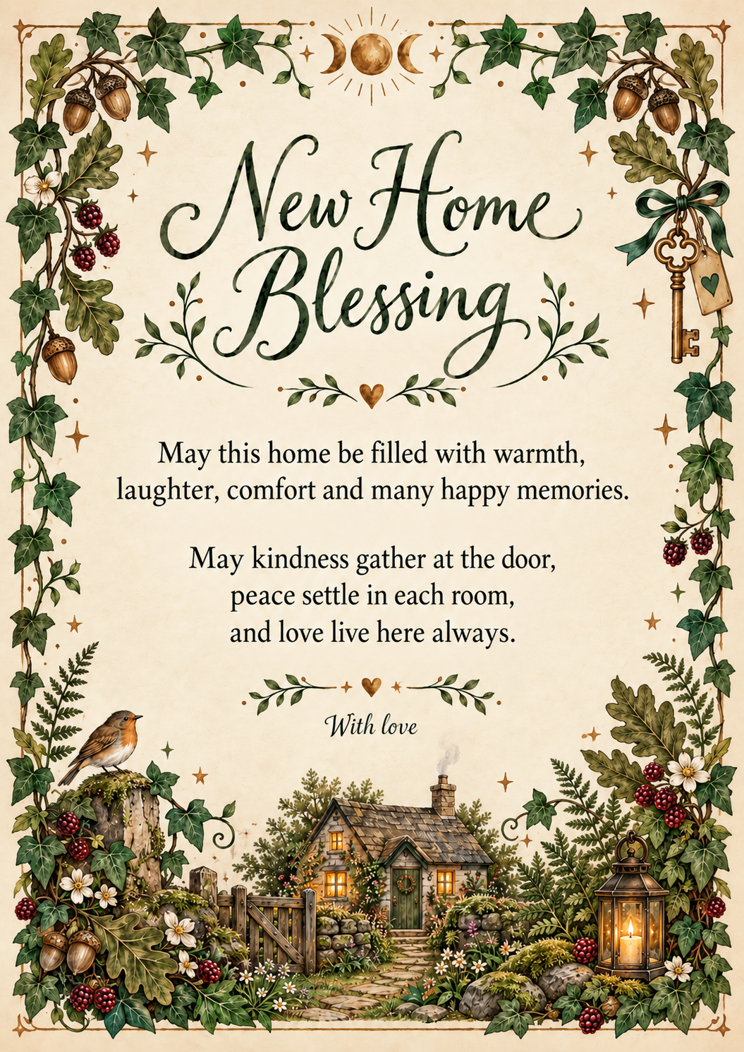 Printable woodland-style New Home Blessing card featuring a cosy cottage.