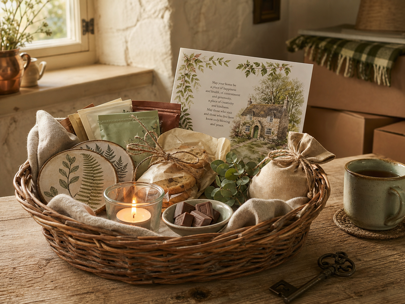 A rustic wicker New Home hamper filled with handmade coasters, biscuits, chocolate, tea, a candle, small gift pouches and a New Home blessing card.