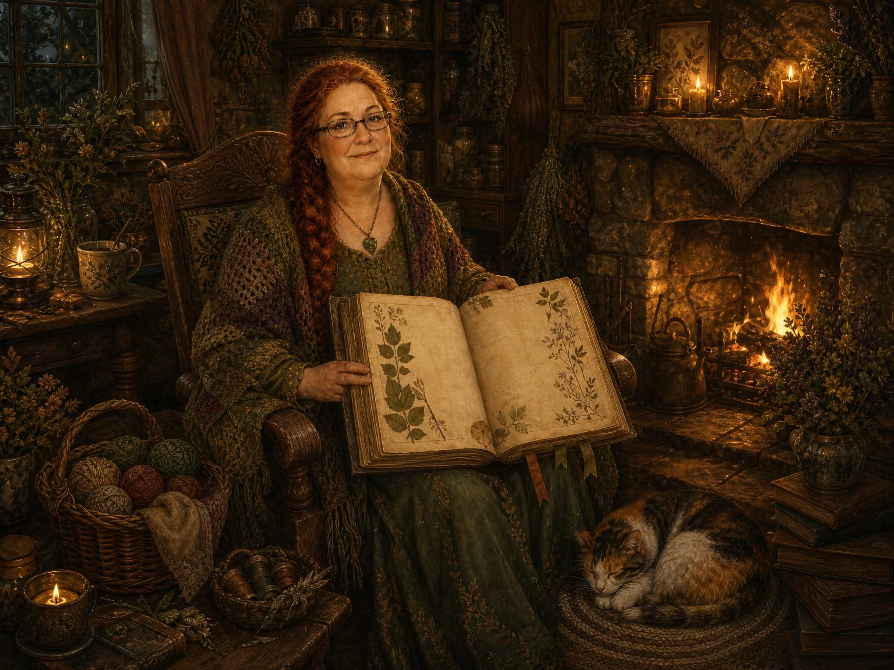 Zahirwen sits in a cosy chair beside the hearth with Tweek curled asleep at her feet and an old book resting across her lap.