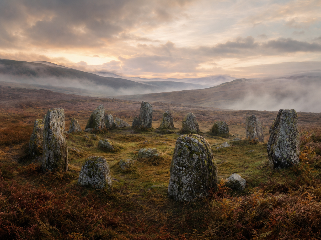 An ancient stone circle standing on misty open moorland