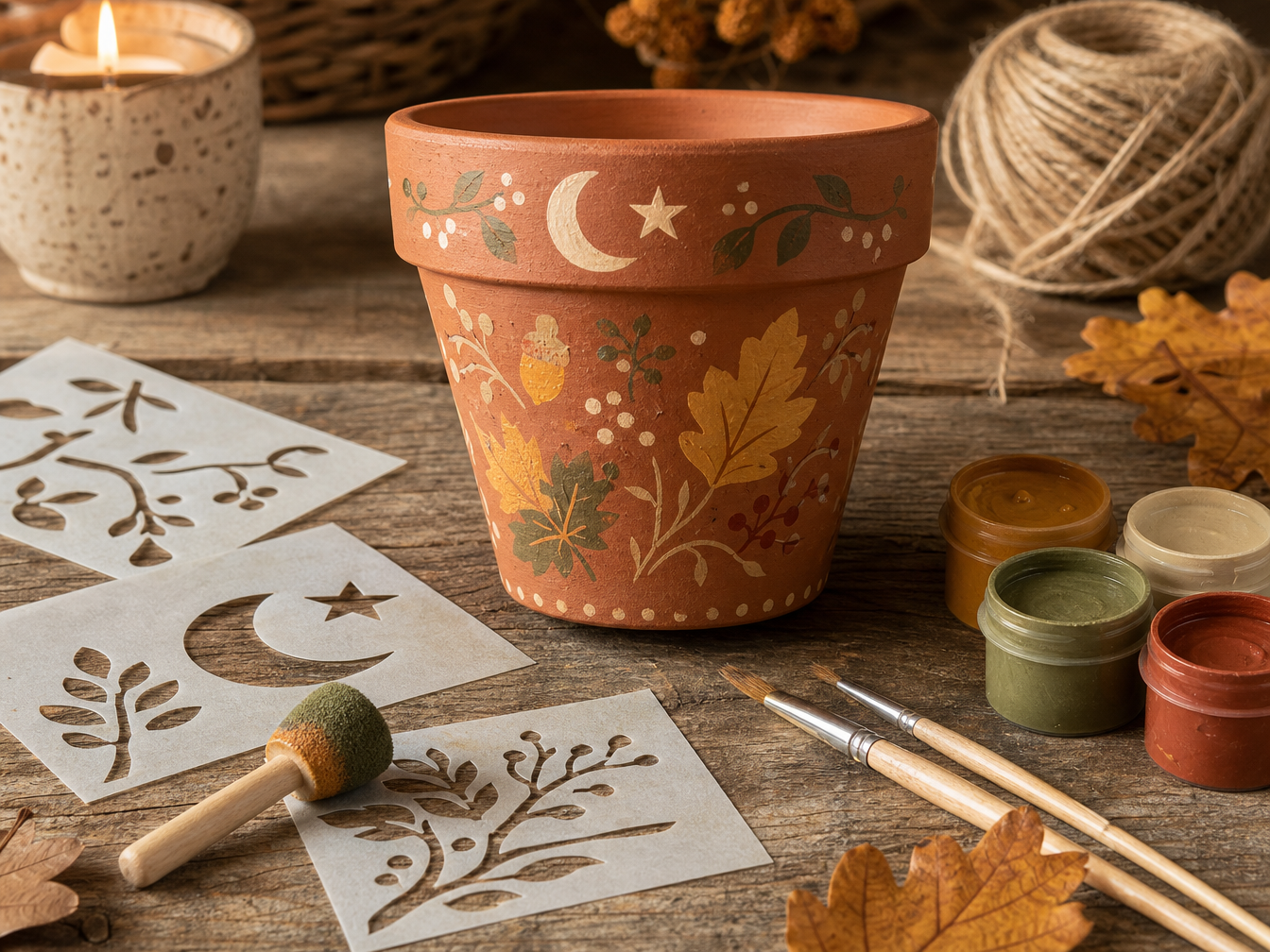 A hand-painted terracotta cottage pot decorated with leaves, acorns, moons and stars, surrounded by stencils and paint on a rustic wooden table.