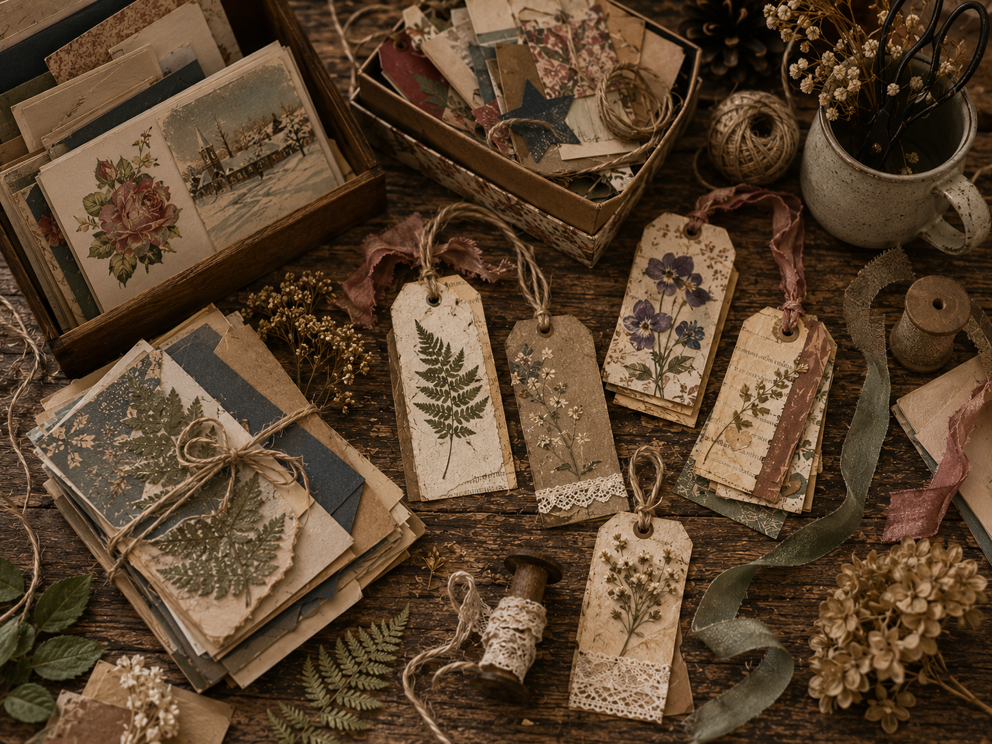 A warm collection of handmade paper, botanical cards, bookmarks, twine and small keepsakes on a rustic table.