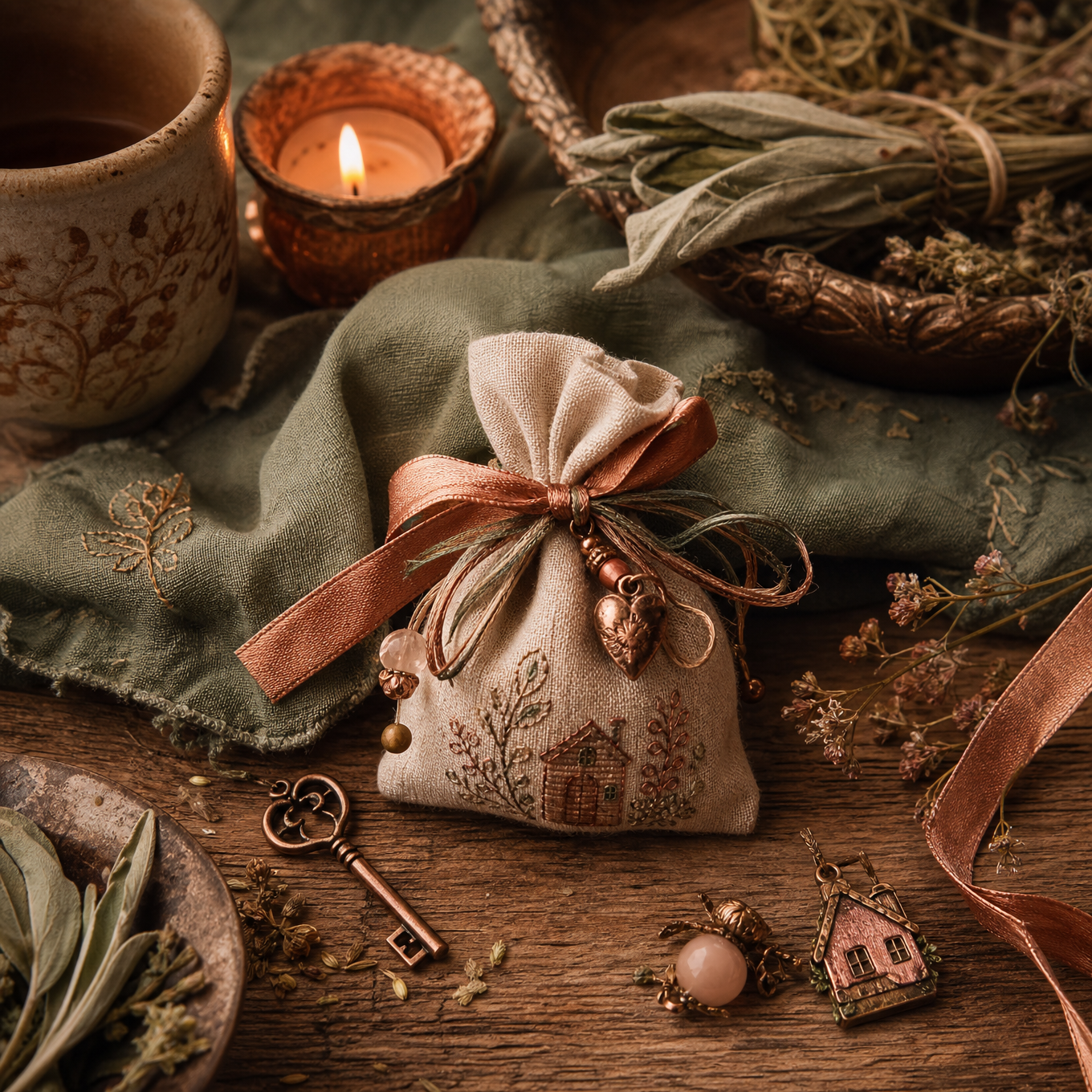 A small handmade pocket home blessing pouch with a key, herbs, ribbon, candlelight, and cosy cottage details