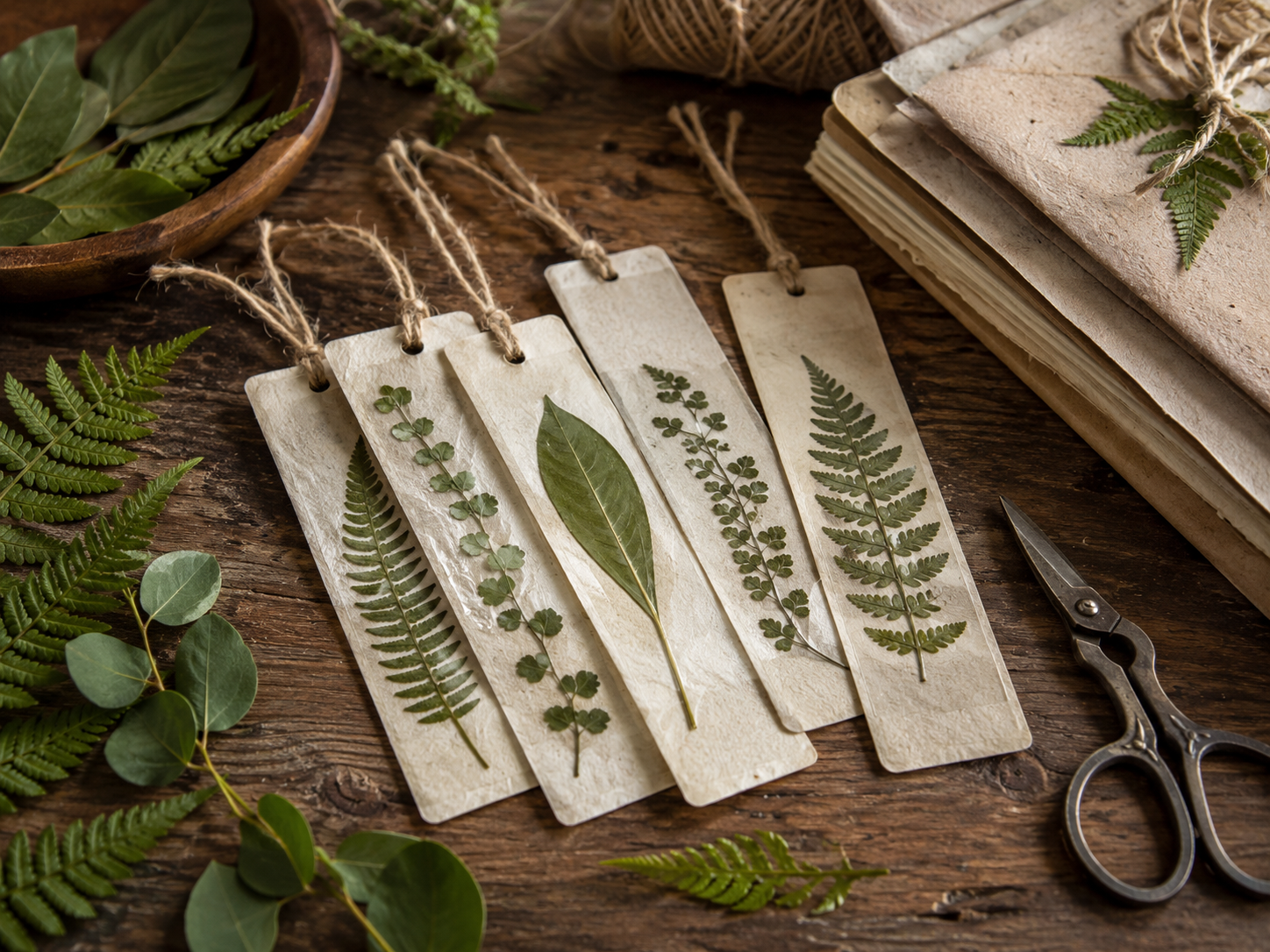 Handmade botanical bookmarks decorated with pressed fern fronds and leaves on textured paper.